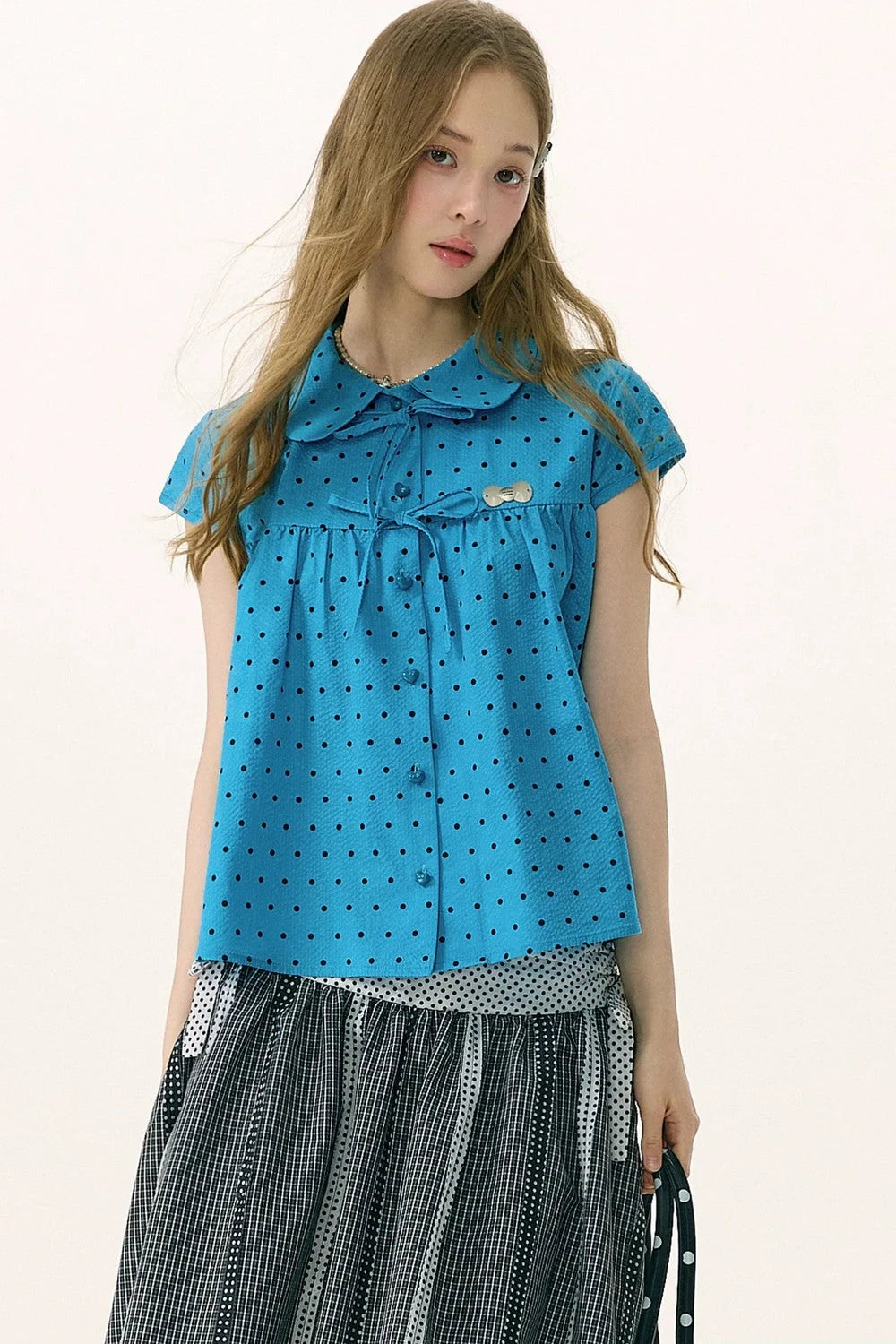 Blue Polka Dot Bow Blouse