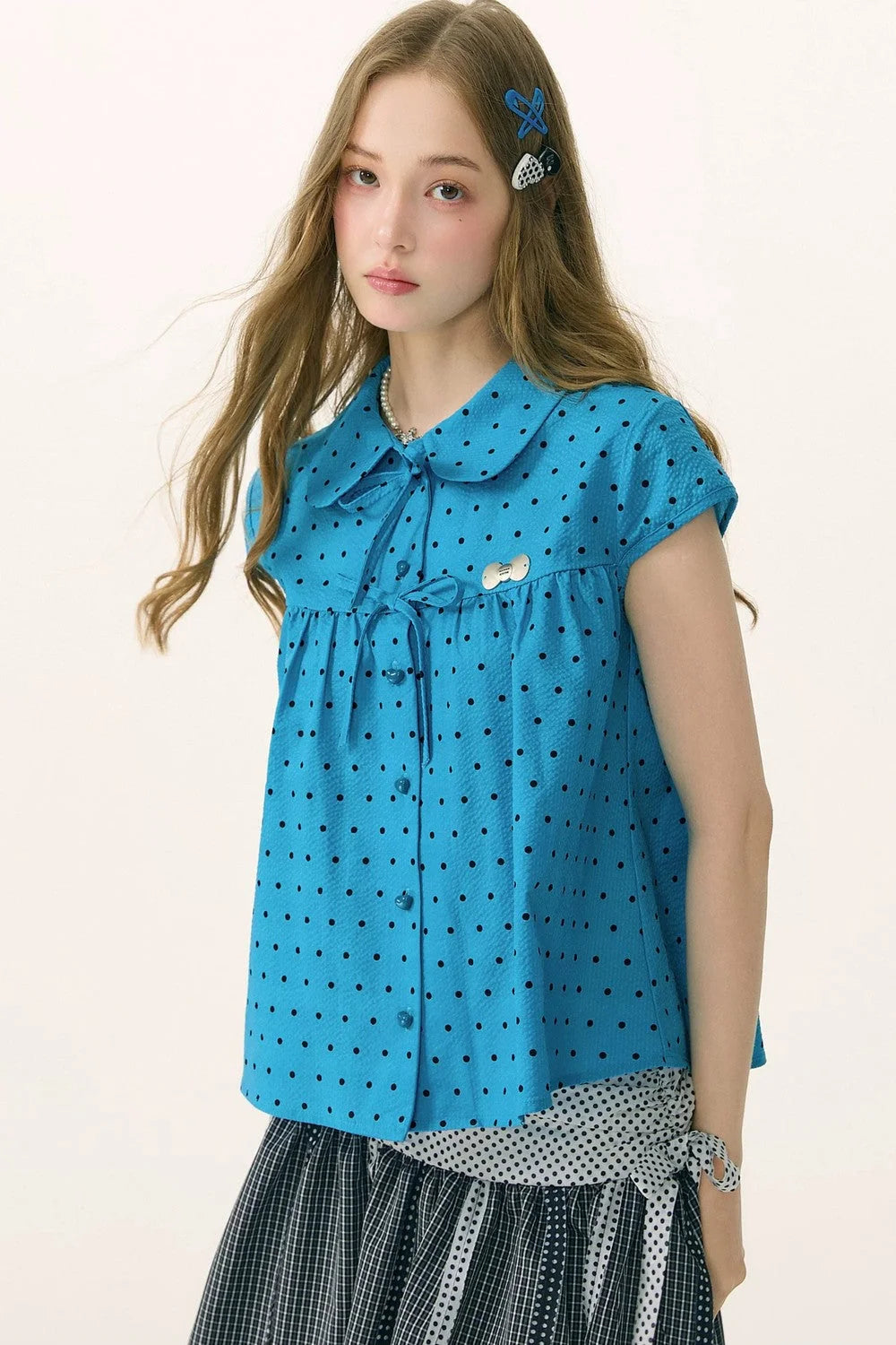 Blue Polka Dot Bow Blouse