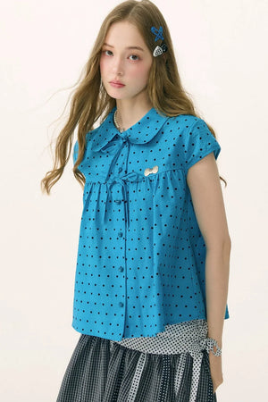 Blue Polka Dot Bow Blouse