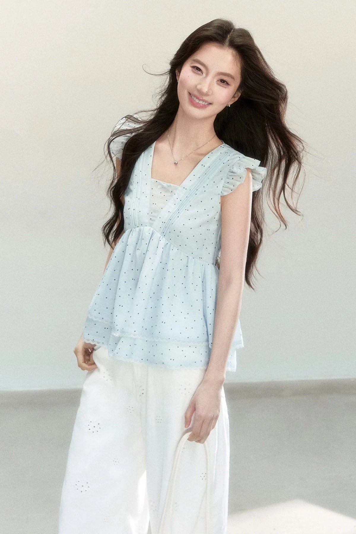 Blue Polka Dot Flutter Sleeve Blouse