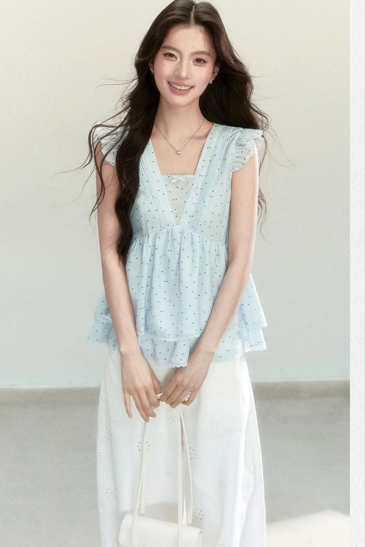 Blue Polka Dot Flutter Sleeve Blouse