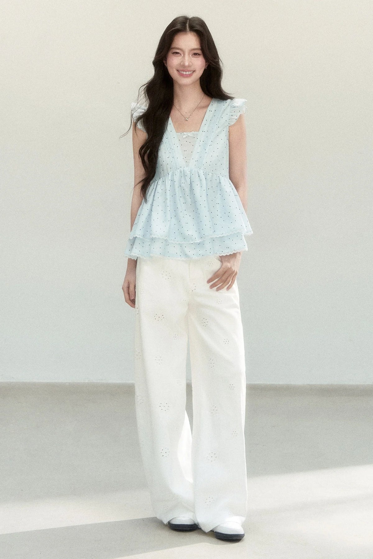 Blue Polka Dot Flutter Sleeve Blouse