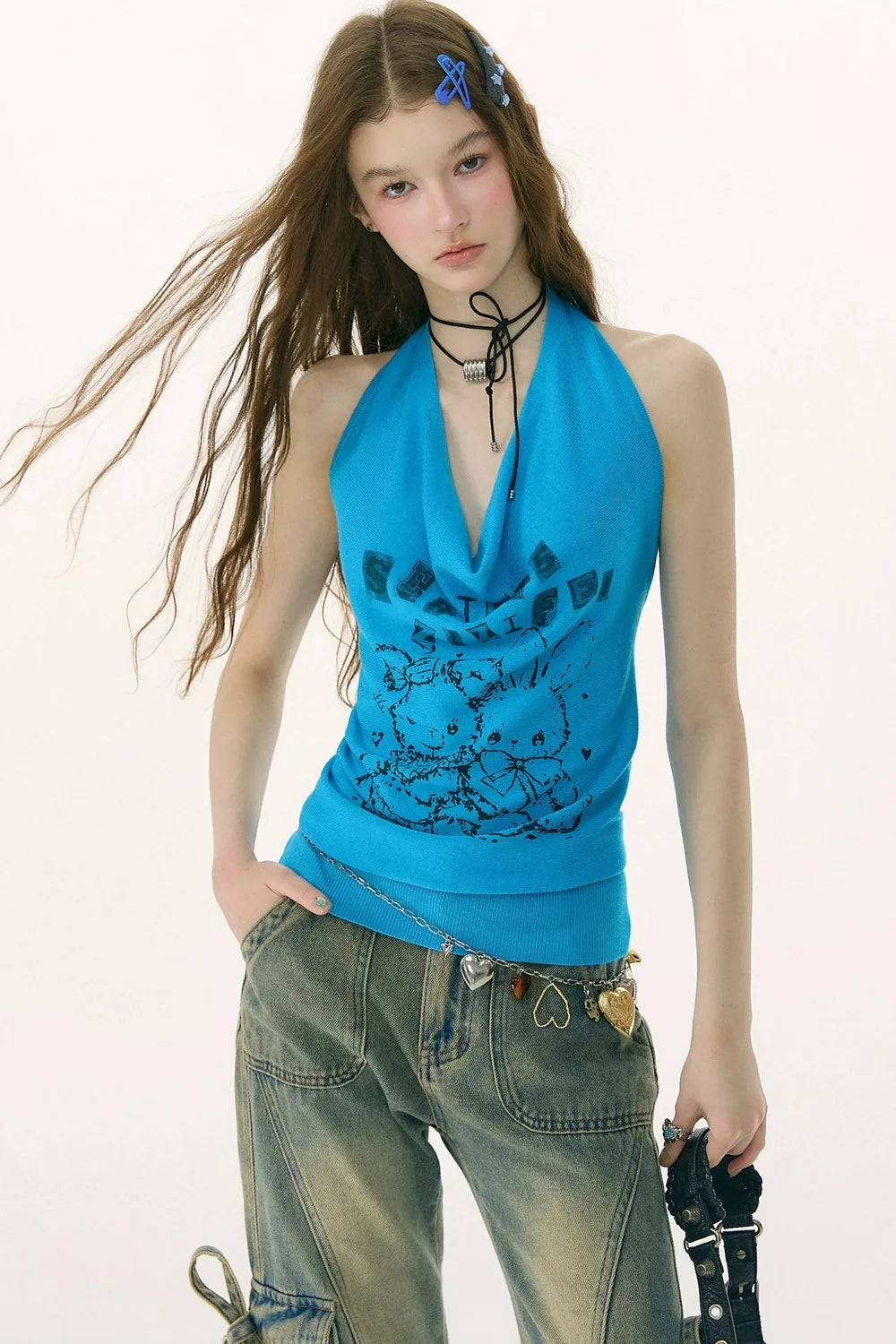 Blue Rabbit Print Halter Top