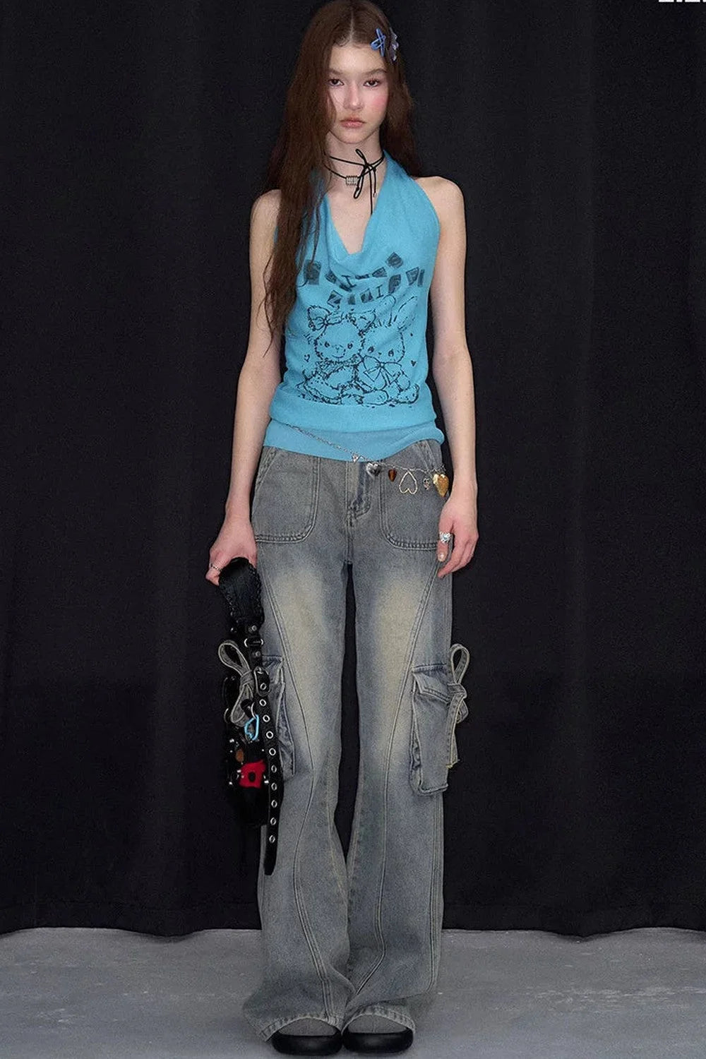 Blue Rabbit Print Halter Top