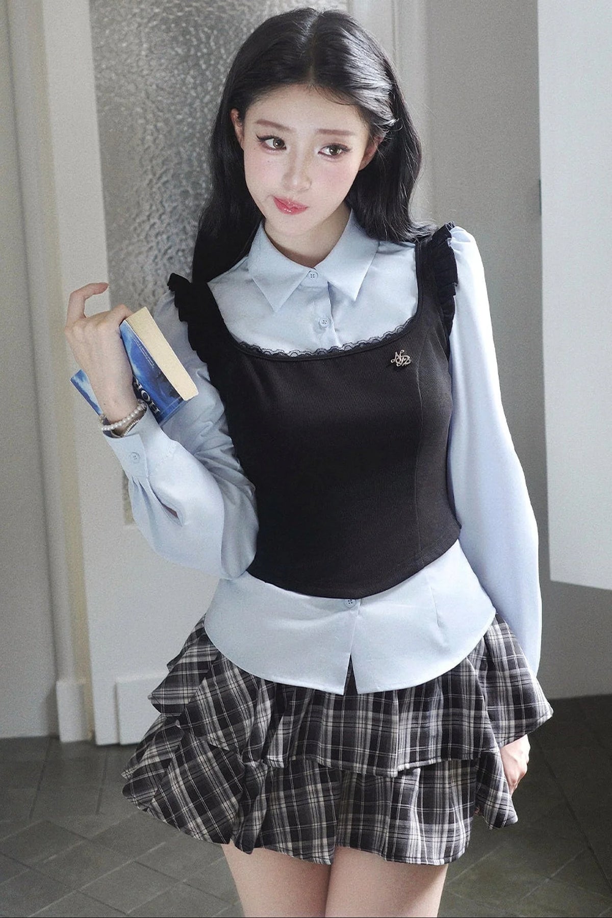 Blue Shirt And Plaid Skirt Set-Up