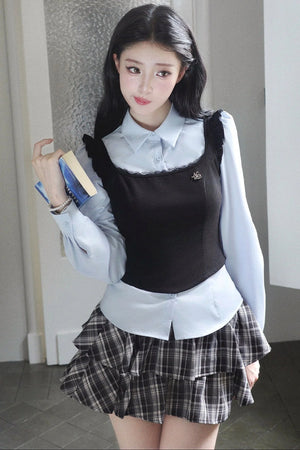 Blue Shirt And Plaid Skirt Set-Up