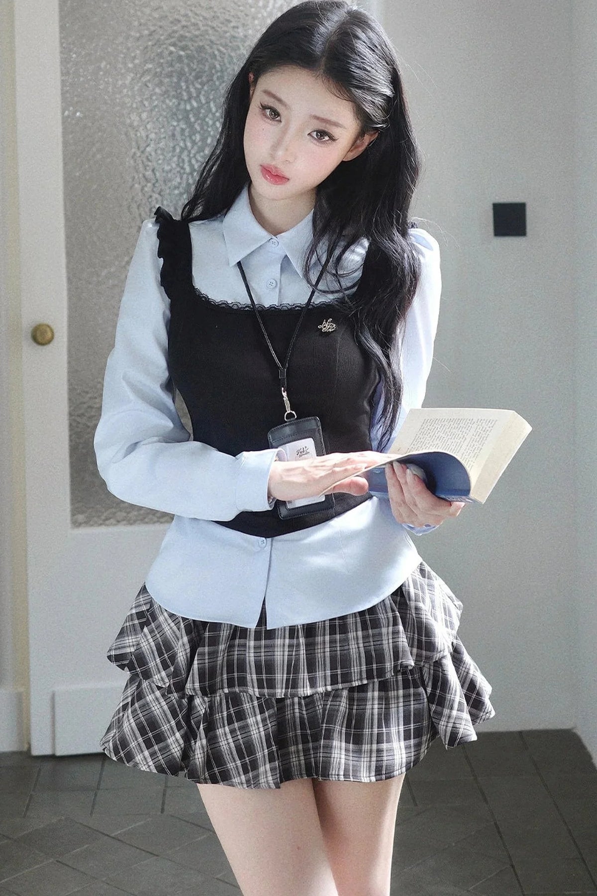 Blue Shirt And Plaid Skirt Set-Up