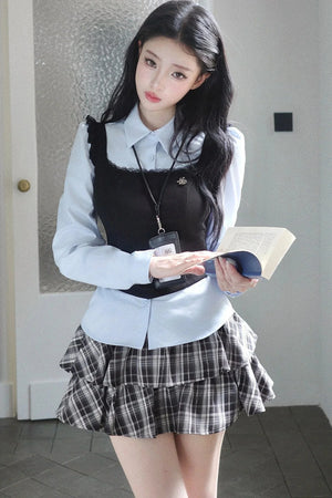 Blue Shirt And Plaid Skirt Set-Up