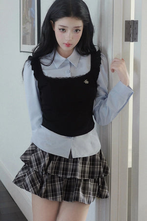 Blue Shirt And Plaid Skirt Set-Up