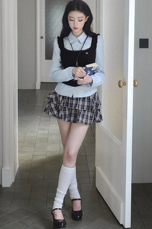 Blue Shirt And Plaid Skirt Set-Up