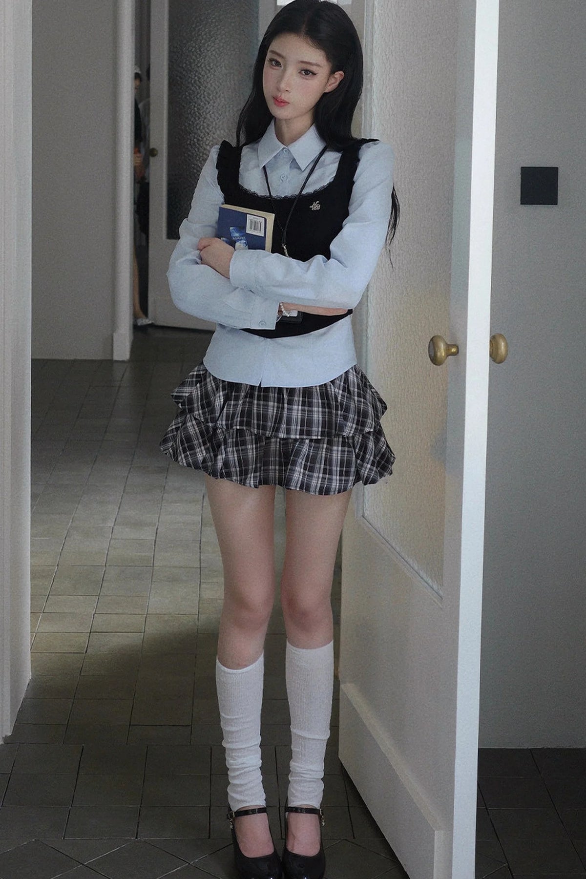 Blue Shirt And Plaid Skirt Set-Up