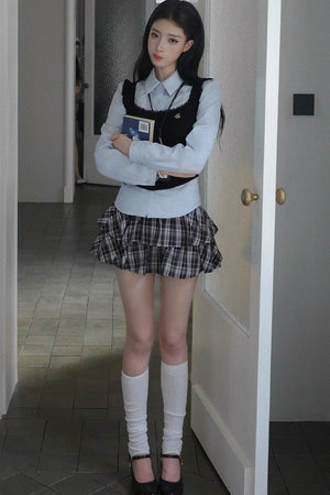 Blue Shirt And Plaid Skirt Set-Up