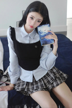 Blue Shirt And Plaid Skirt Set-Up