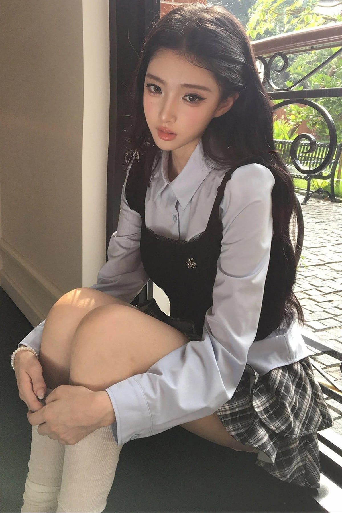 Blue Shirt And Plaid Skirt Set-Up