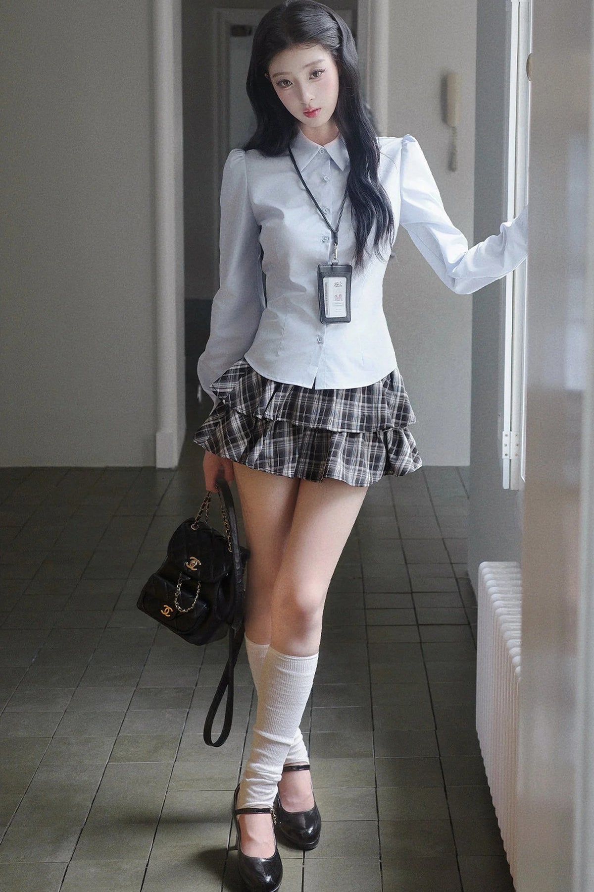Blue Shirt And Plaid Skirt Set-Up
