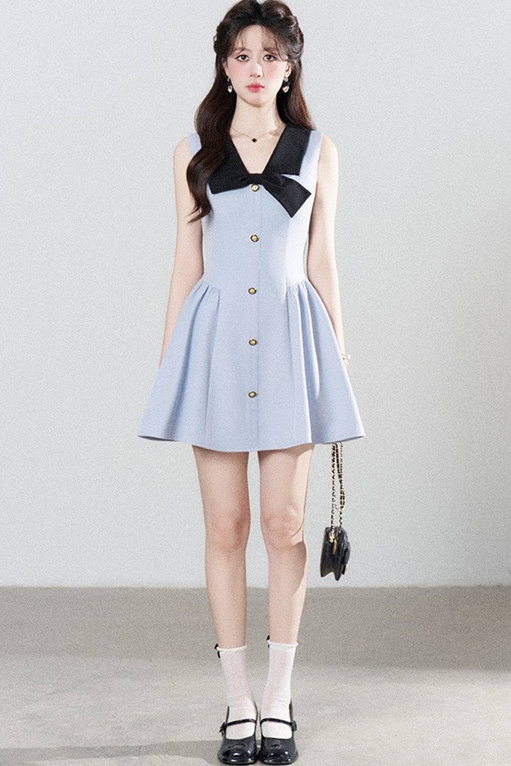 Blue Sleeveless Collar Bow Dress