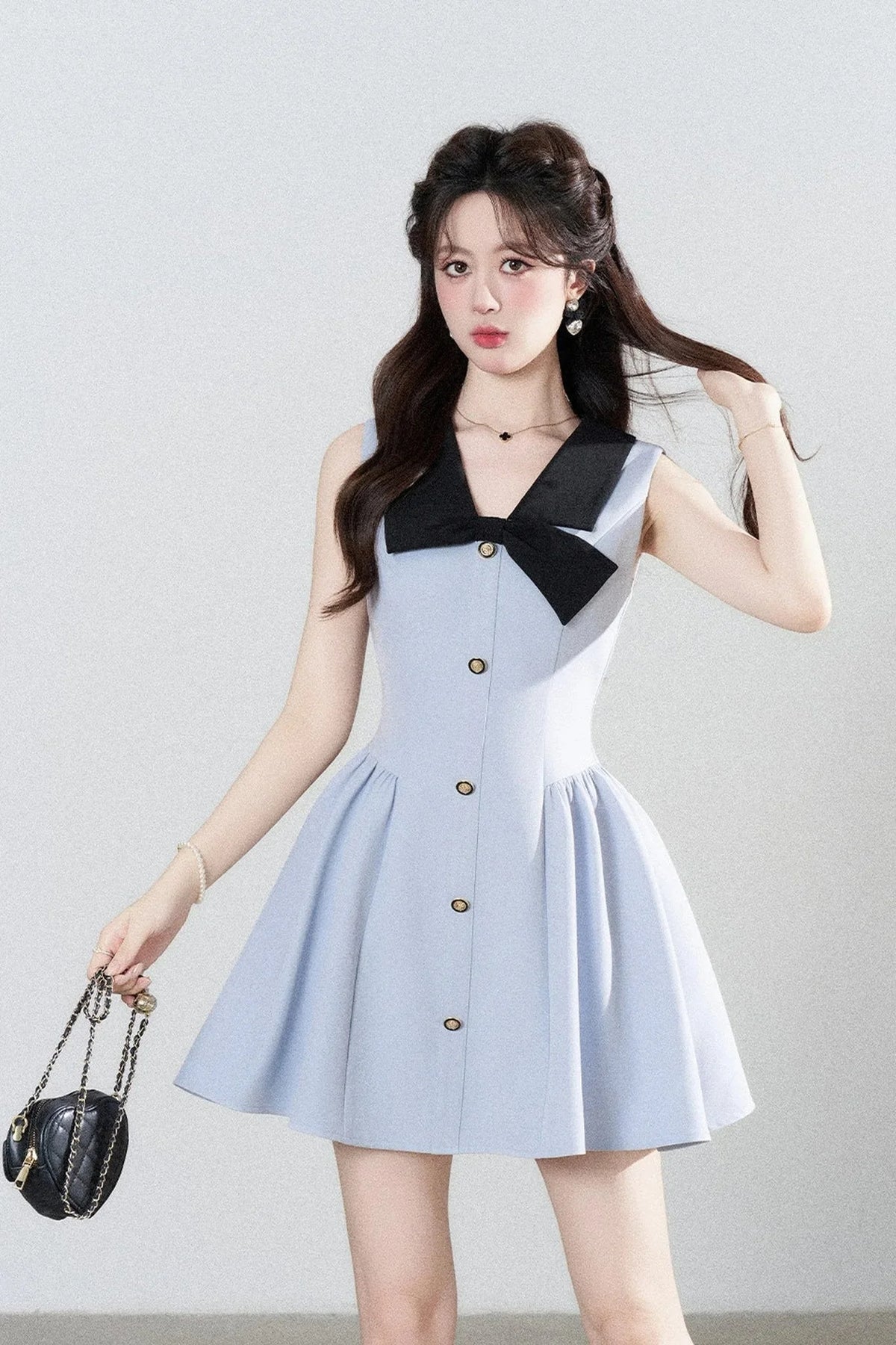 Blue Sleeveless Collar Bow Dress