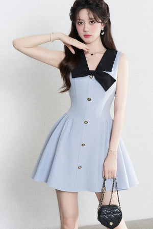 Blue Sleeveless Collar Bow Dress