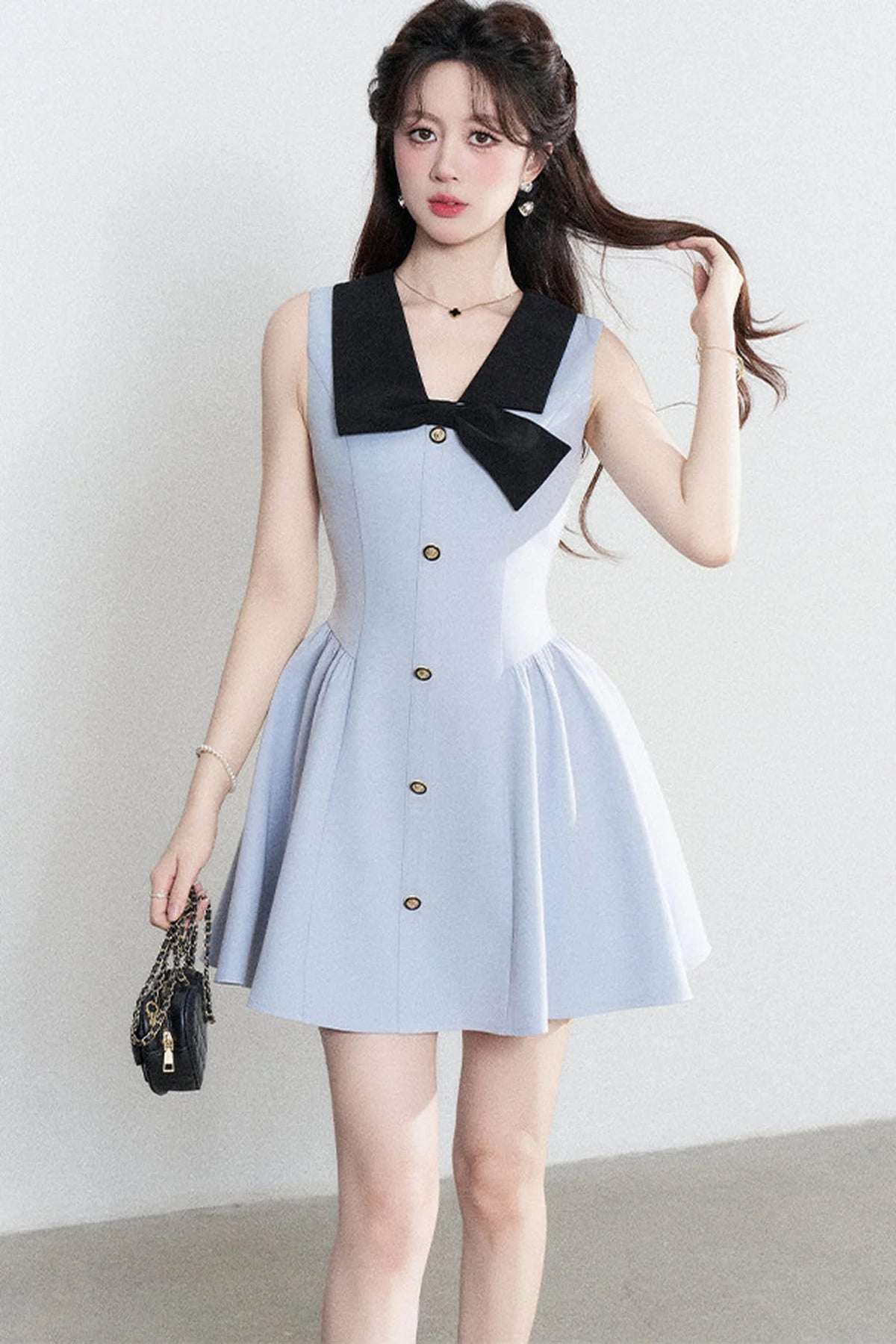 Blue Sleeveless Collar Bow Dress