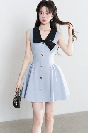 Blue Sleeveless Collar Bow Dress