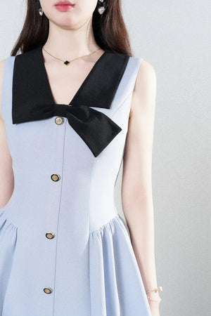 Blue Sleeveless Collar Bow Dress