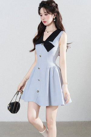 Blue Sleeveless Collar Bow Dress