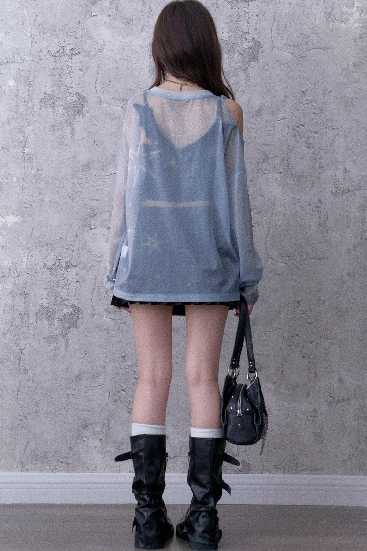 Blue Sparkling Mesh Sweatshirt Style Top