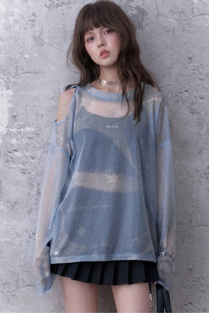 Blue Sparkling Mesh Sweatshirt Style Top