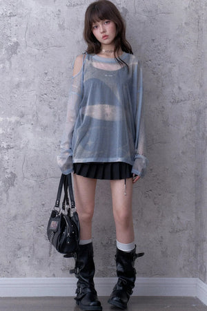 Blue Sparkling Mesh Sweatshirt Style Top