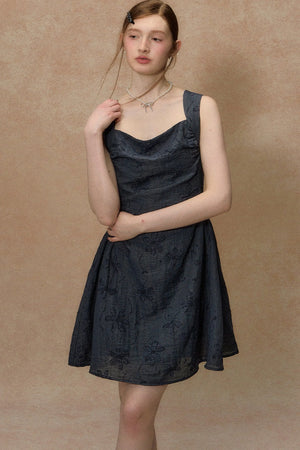 Blue Strap Waist-Cinching Print Dress