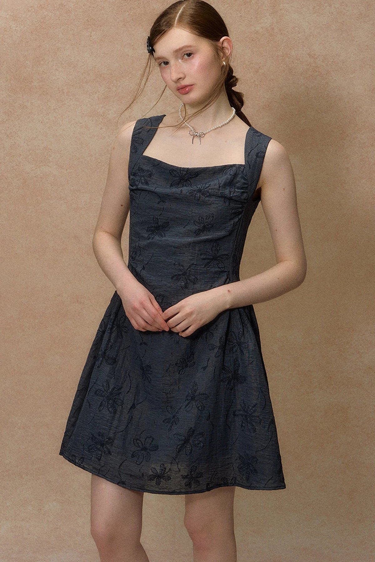 Blue Strap Waist-Cinching Print Dress