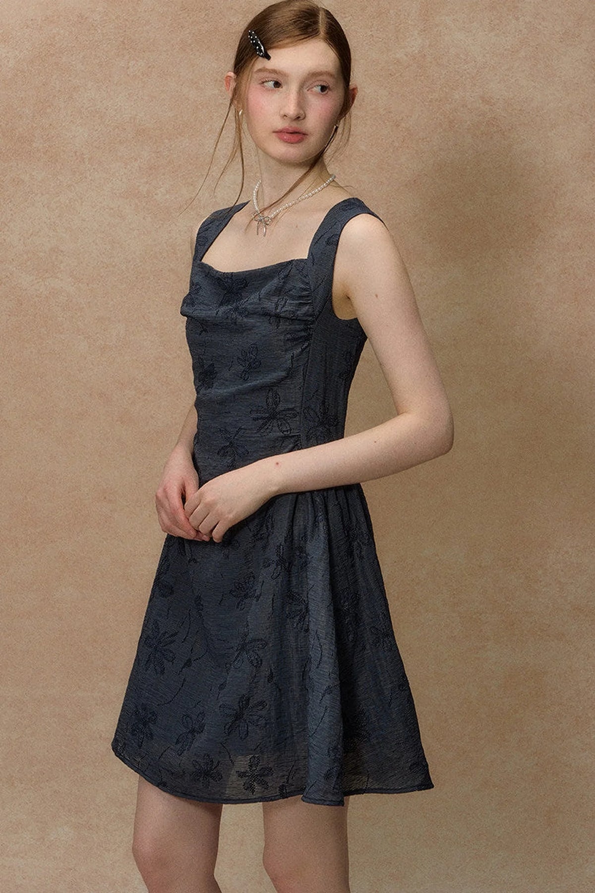Blue Strap Waist-Cinching Print Dress
