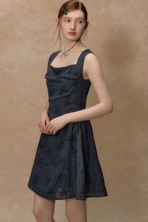 Blue Strap Waist-Cinching Print Dress
