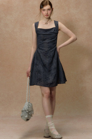 Blue Strap Waist-Cinching Print Dress