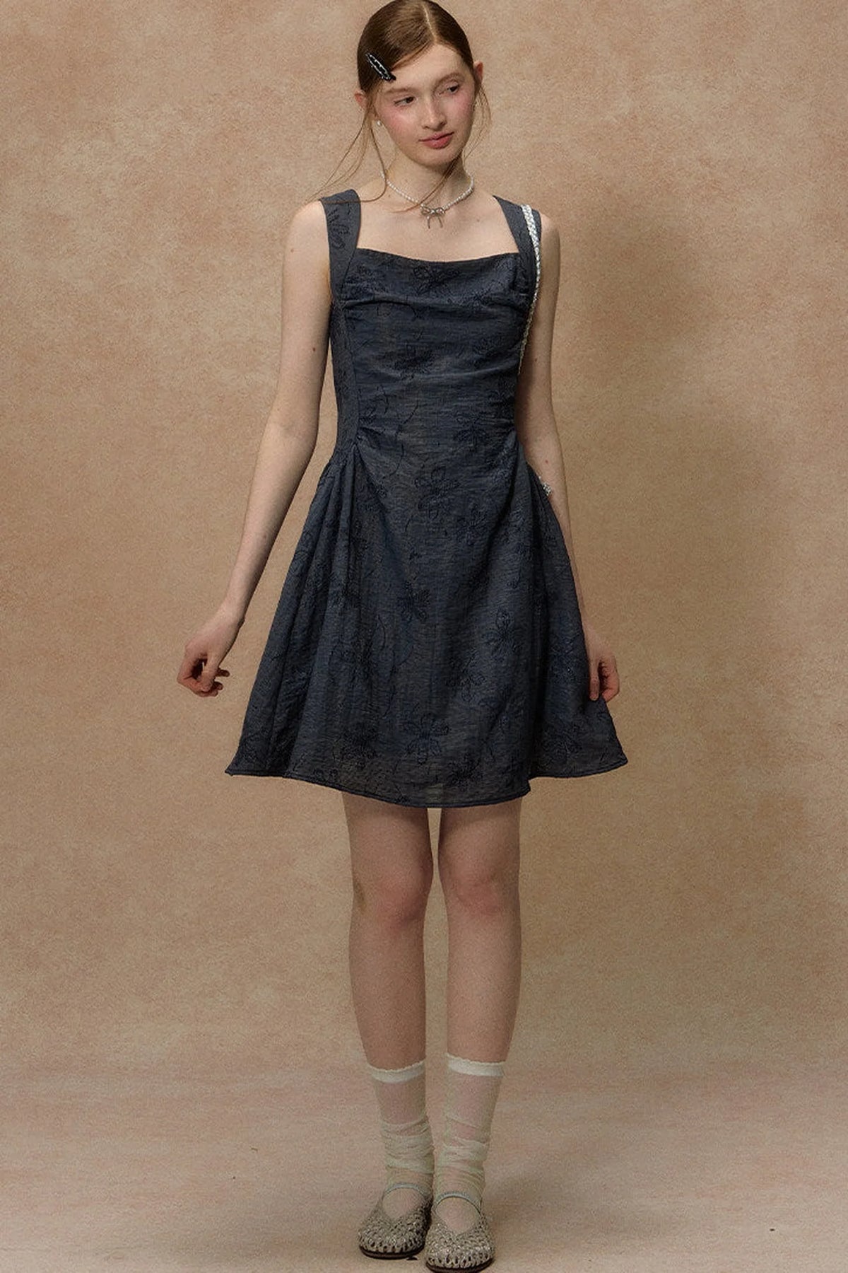 Blue Strap Waist-Cinching Print Dress