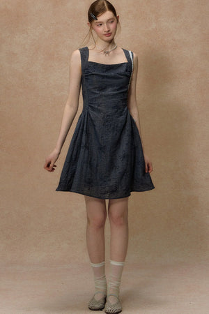 Blue Strap Waist-Cinching Print Dress