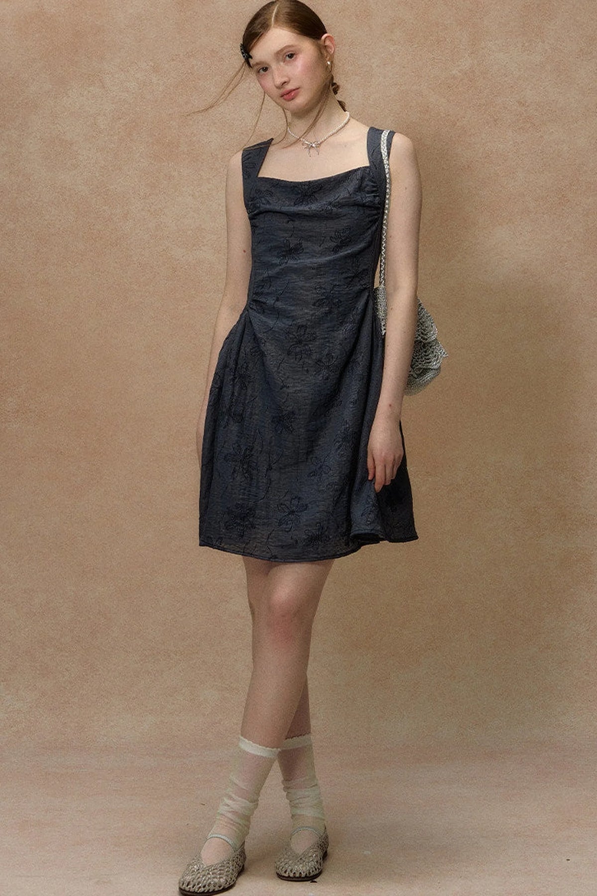 Blue Strap Waist-Cinching Print Dress