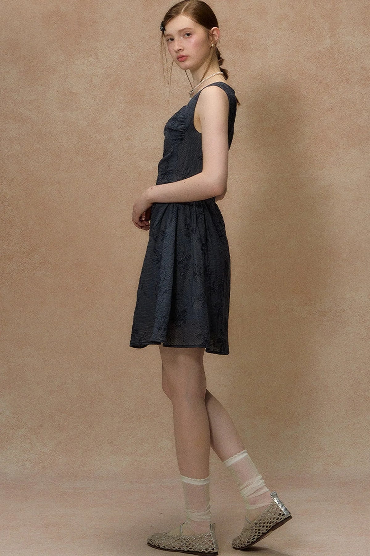 Blue Strap Waist-Cinching Print Dress