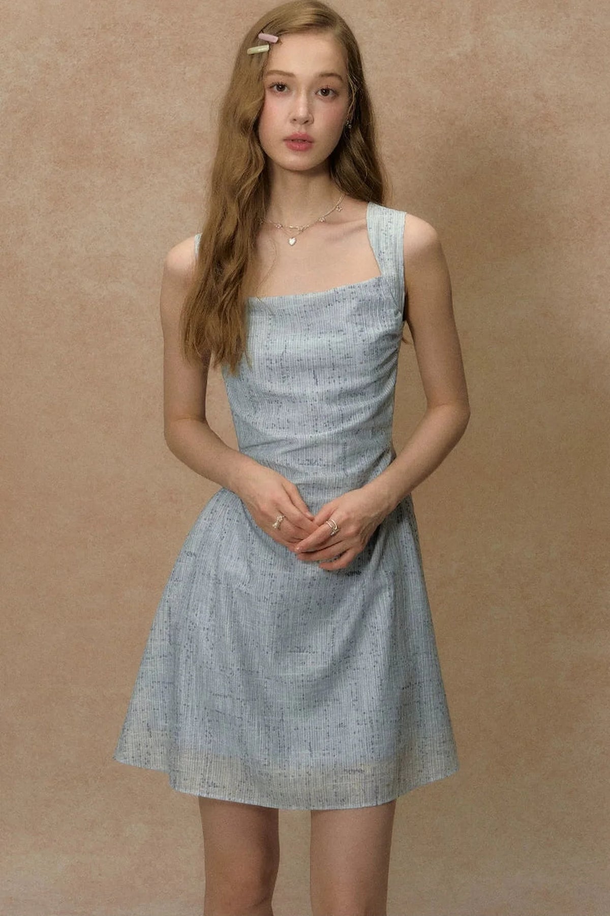 Blue Strap Waist-Cinching Print Dress