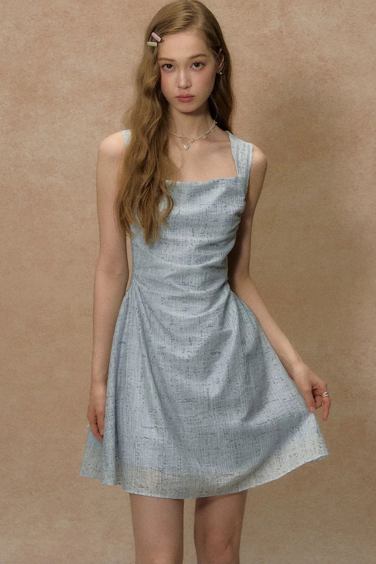 Blue Strap Waist-Cinching Print Dress