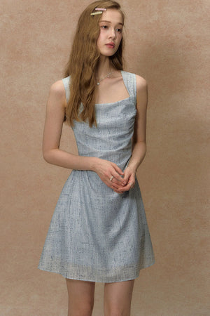 Blue Strap Waist-Cinching Print Dress
