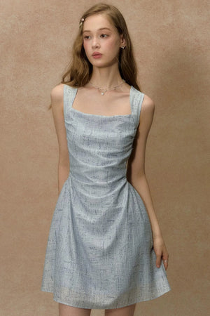 Blue Strap Waist-Cinching Print Dress