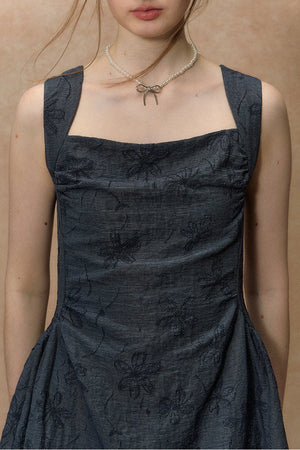 Blue Strap Waist-Cinching Print Dress