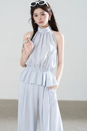 Blue Tencel Halter Shirt and Wide-Leg Pants Set