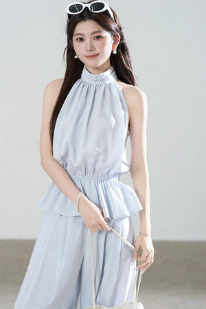 Blue Tencel Halter Shirt and Wide-Leg Pants Set