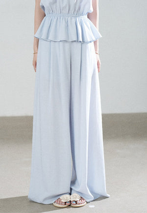 Blue Tencel Halter Shirt and Wide-Leg Pants Set