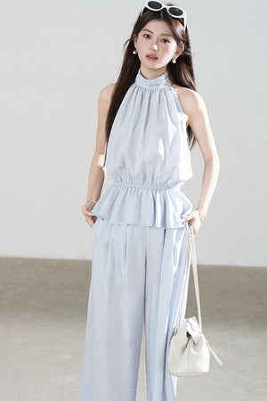 Blue Tencel Halter Shirt and Wide-Leg Pants Set