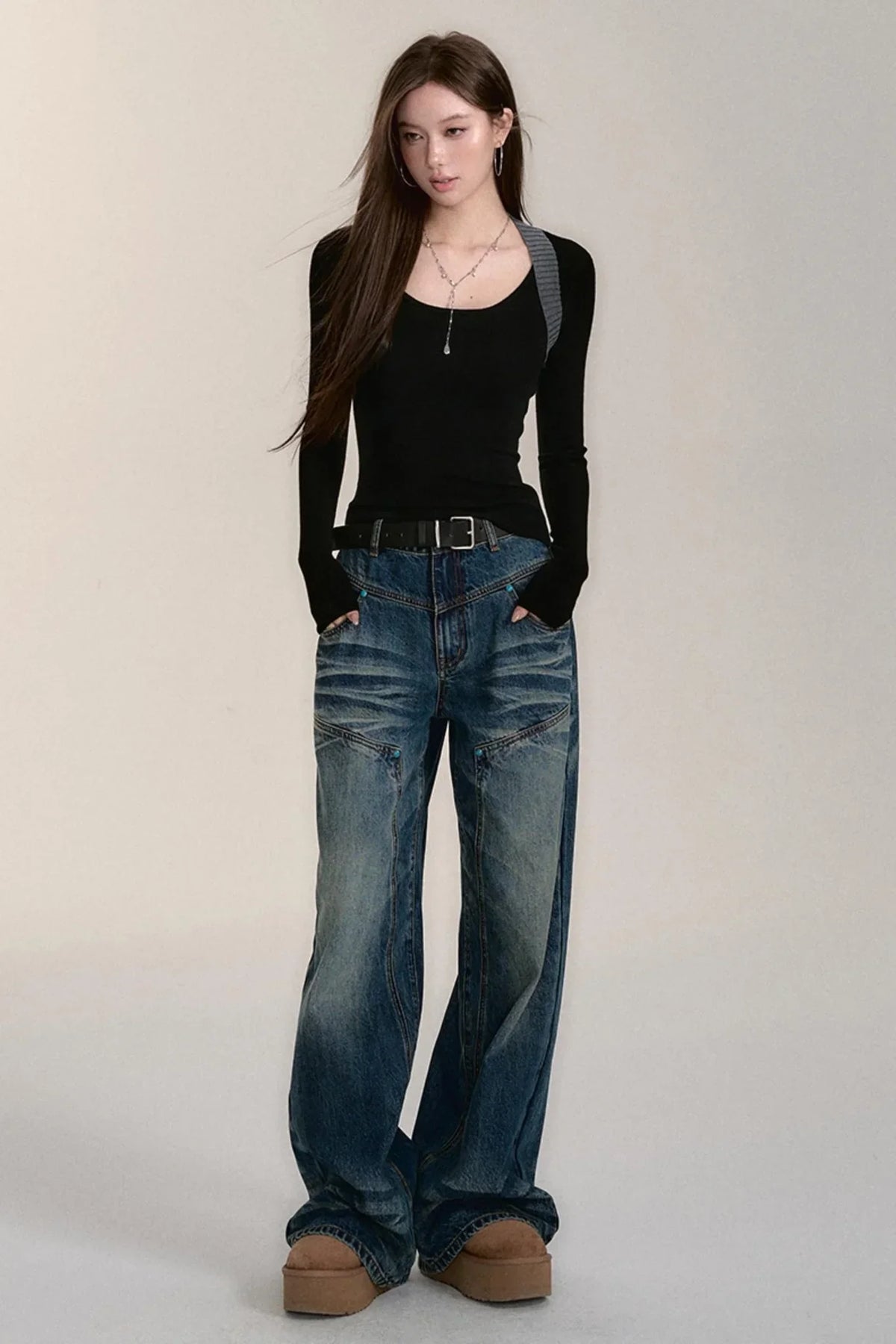 Blue Wash Distressed Straight-Leg Jeans