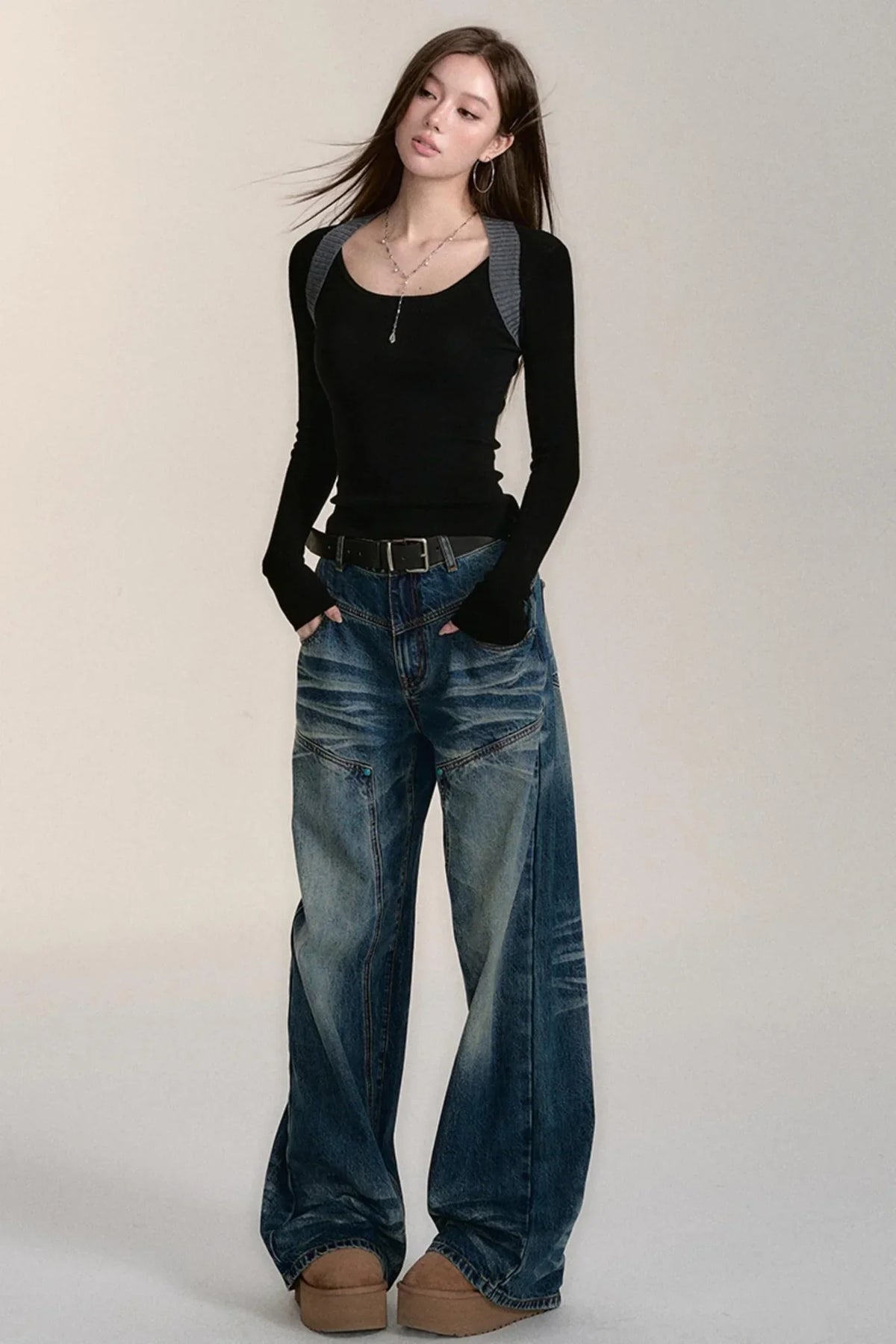 Blue Wash Distressed Straight-Leg Jeans