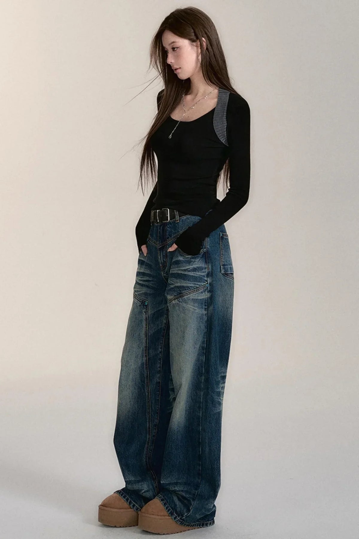 Blue Wash Distressed Straight-Leg Jeans